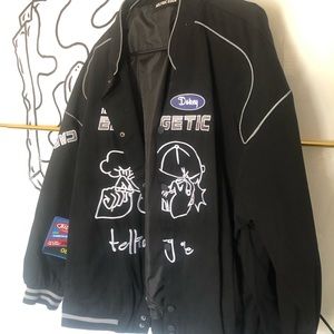 Black NASCAR jacket w/ Sewn Patches+Reflective Trim
